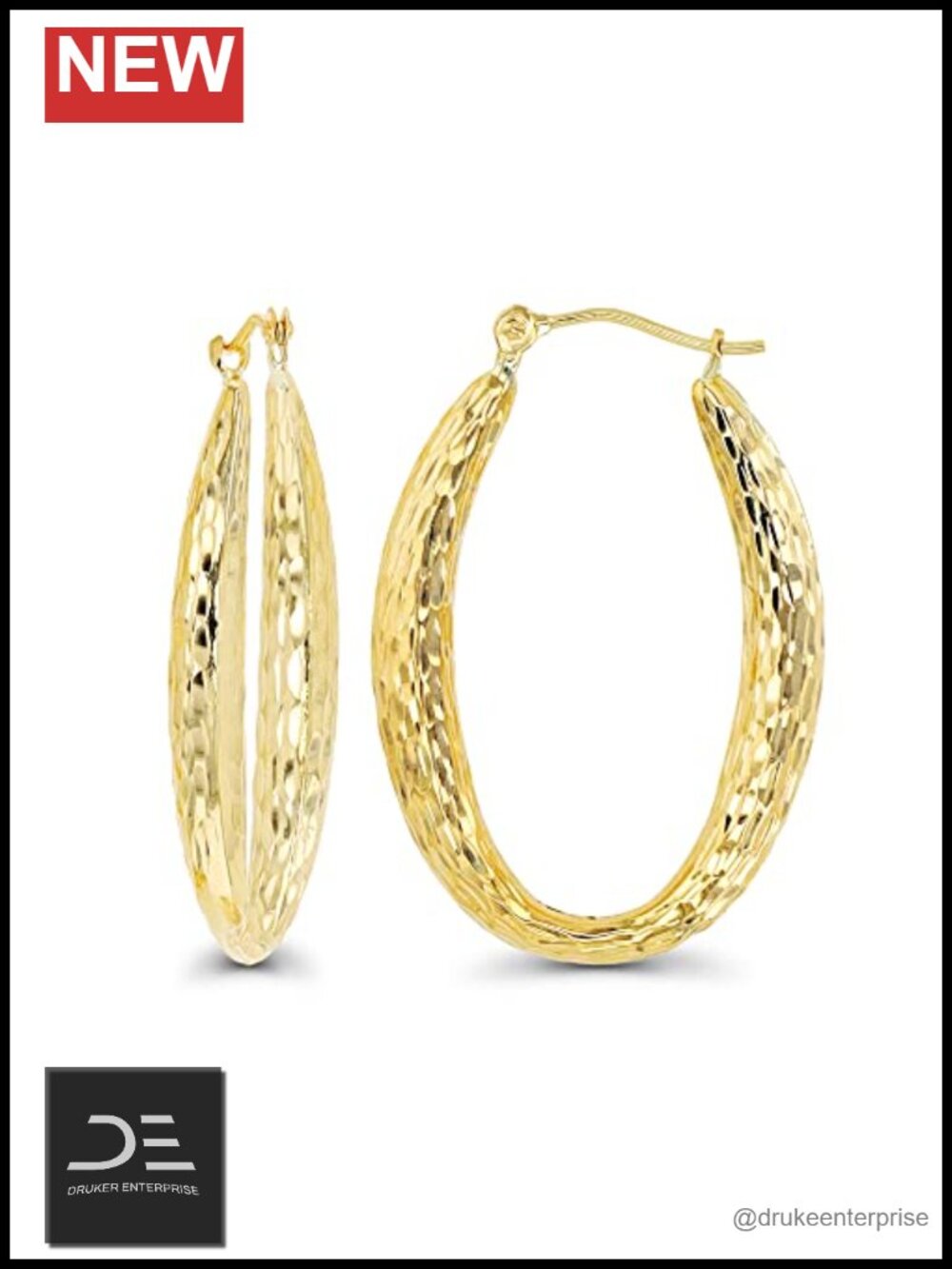 14K Yellow Gold Oval Hoop Earrings Hinged Clasp Solid